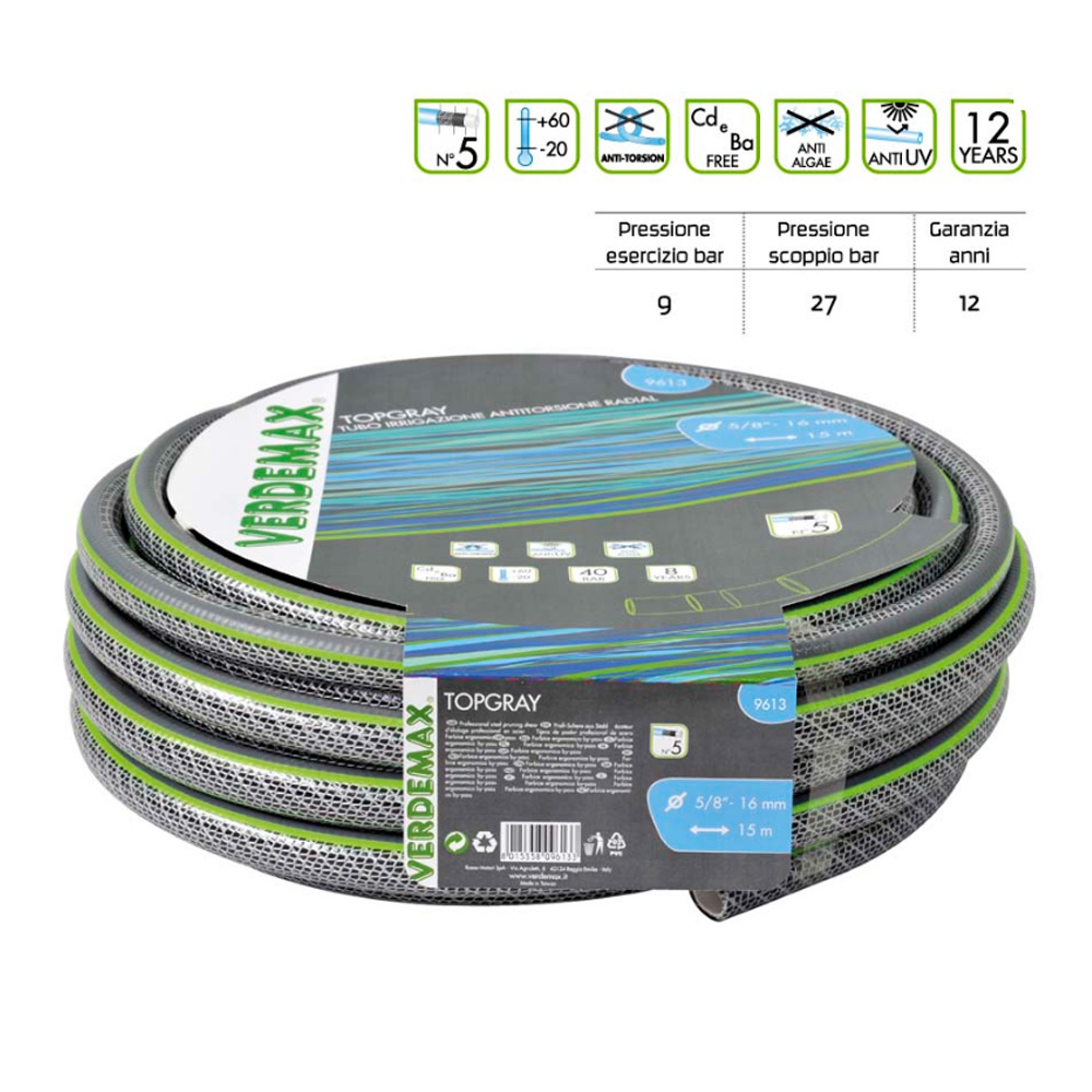 foto del prodotto tubo per irrigazione antitorsione verdemax topgray 5 strati diametro 5 8 rotolo metri 50