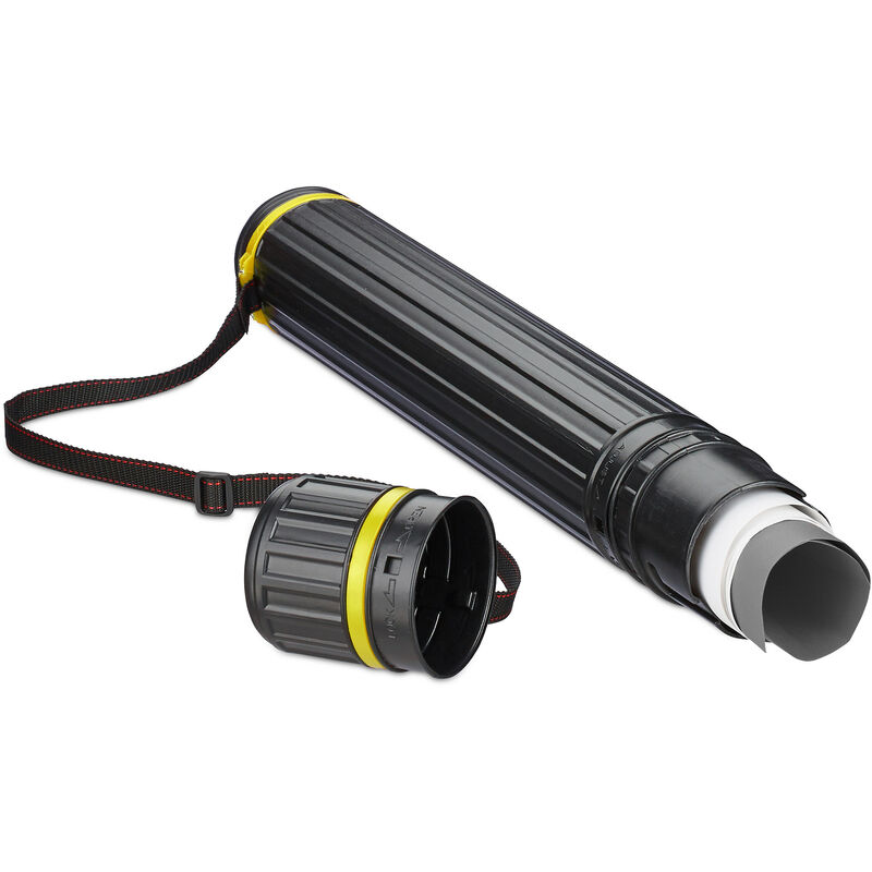 foto del prodotto tubo portadisegni, formato max. a0, cintura regolabile, tappo a vite, altezza 64 107 cm, plastica, nero giallo relaxdays
