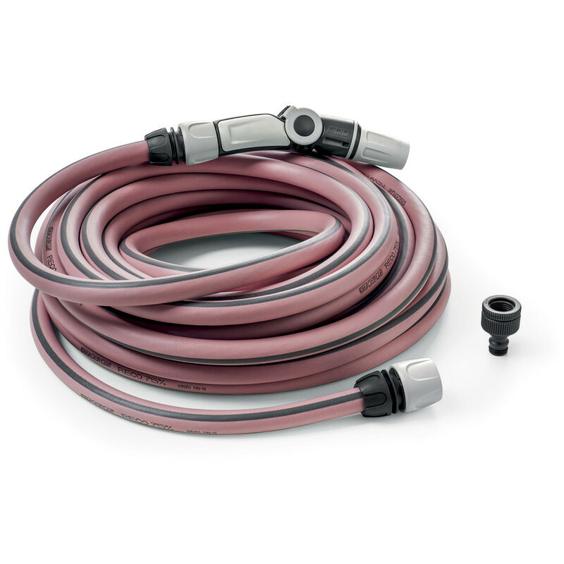 foto del prodotto tubo reco fucsia, tubo per l'irrigazione in plastica riciclata, 25 metri ø5/8"", con lancia ergonomica 3 getti, raccordi, presa rubinetto, sistema anti torsione, made in france.