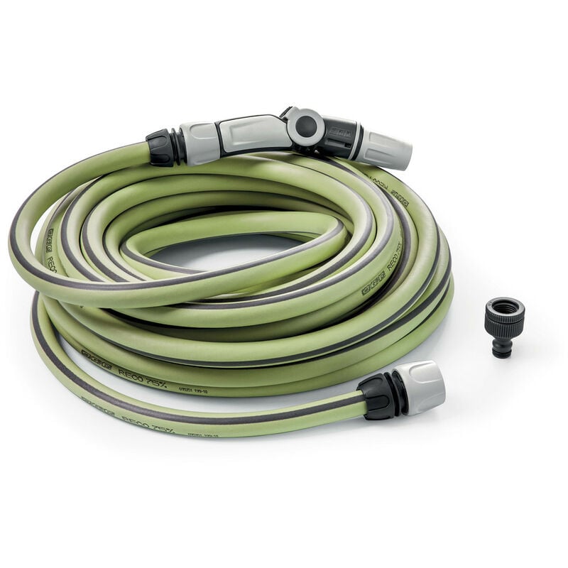 foto del prodotto tubo reco verde lime, tubo per l irrigazione in plastica riciclata, 15 metri 5 8, con lancia ergonomica 3 getti, raccordi, presa rubinetto, sistema