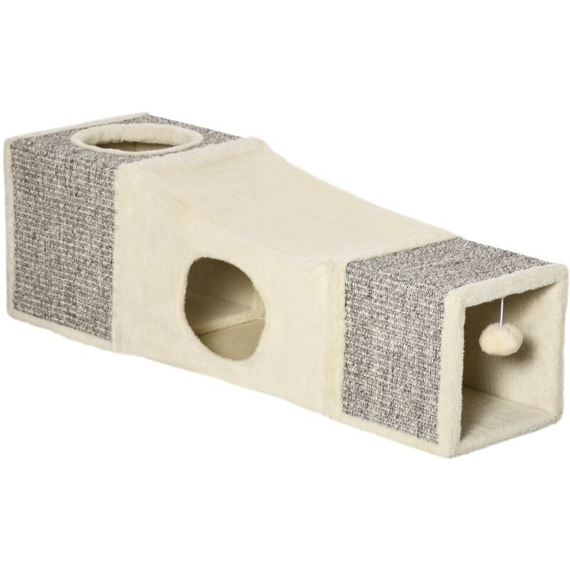 foto del prodotto tunnel per gatti pieghevole 98x30x30 cm con tiragraffi in peluche e sisal crema