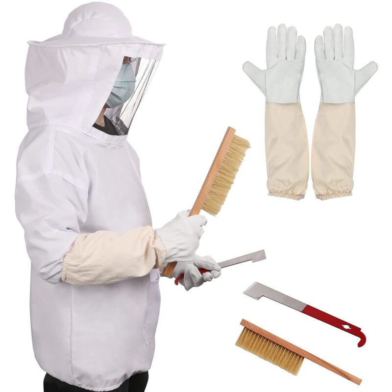 foto del prodotto tuta da apicoltore per uomo e donna, tuta da apicoltore con cappello e velo da apicoltore, guanti, spazzola da apicoltore, gancio a j in acciaio,