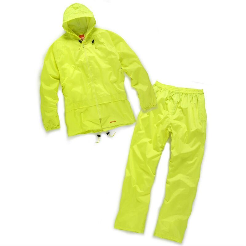 foto del prodotto tuta impermeabile alta visibilit scruffs di colore giallo o nero anti pioggia con cappuccio regolabile l giallo