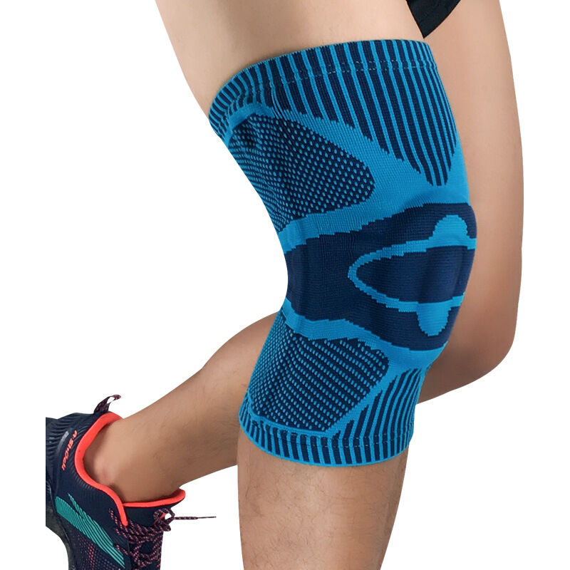 foto del prodotto tutore per ginocchio a compressione con cuscinetto in gel rotuleo e stabilizzatori a molla laterali, blu, 1 pz.