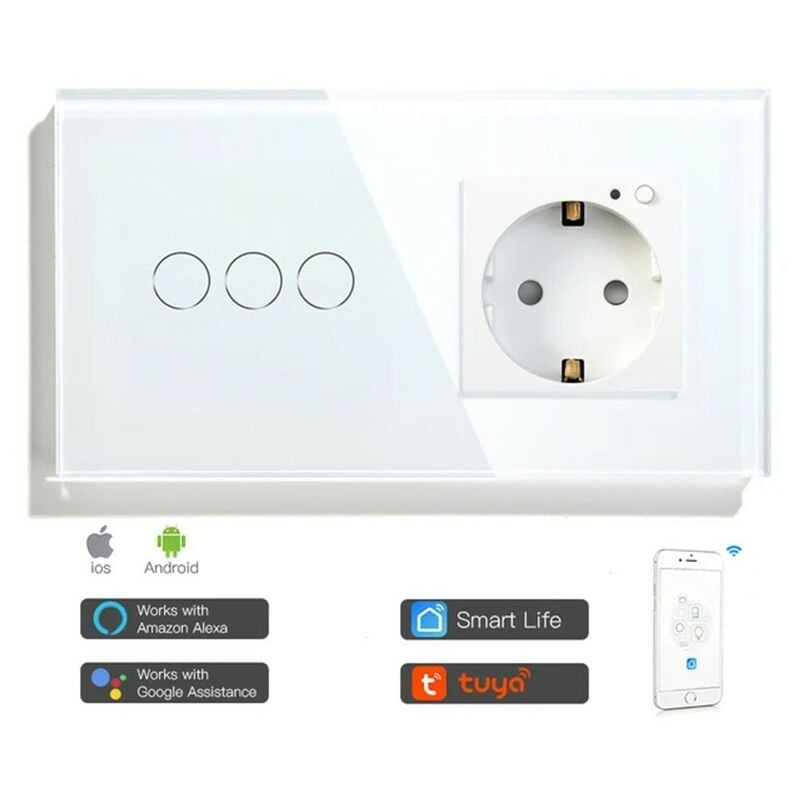 foto del prodotto tuya interruttore touch con presa a muro smart wifi bianco dimensione 3 pulsanti
