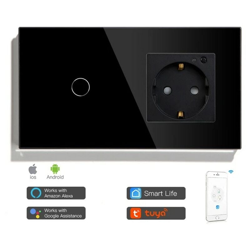 foto del prodotto tuya interruttore touch con presa a muro smart wifi nero dimensione 1 pulsante