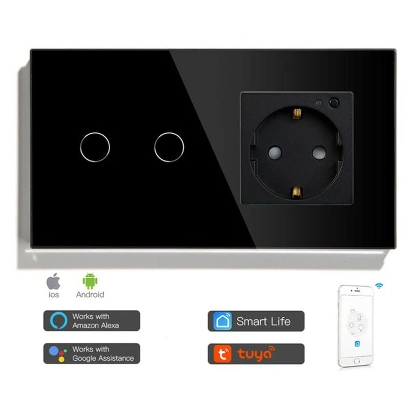 foto del prodotto tuya interruttore touch con presa a muro smart wifi nero dimensione 2 pulsanti