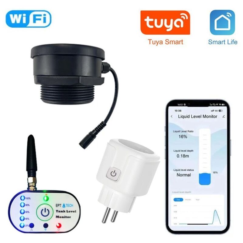 foto del prodotto tuya kit di misurazione livello acqua smart wifi con monitor indicatore e presa