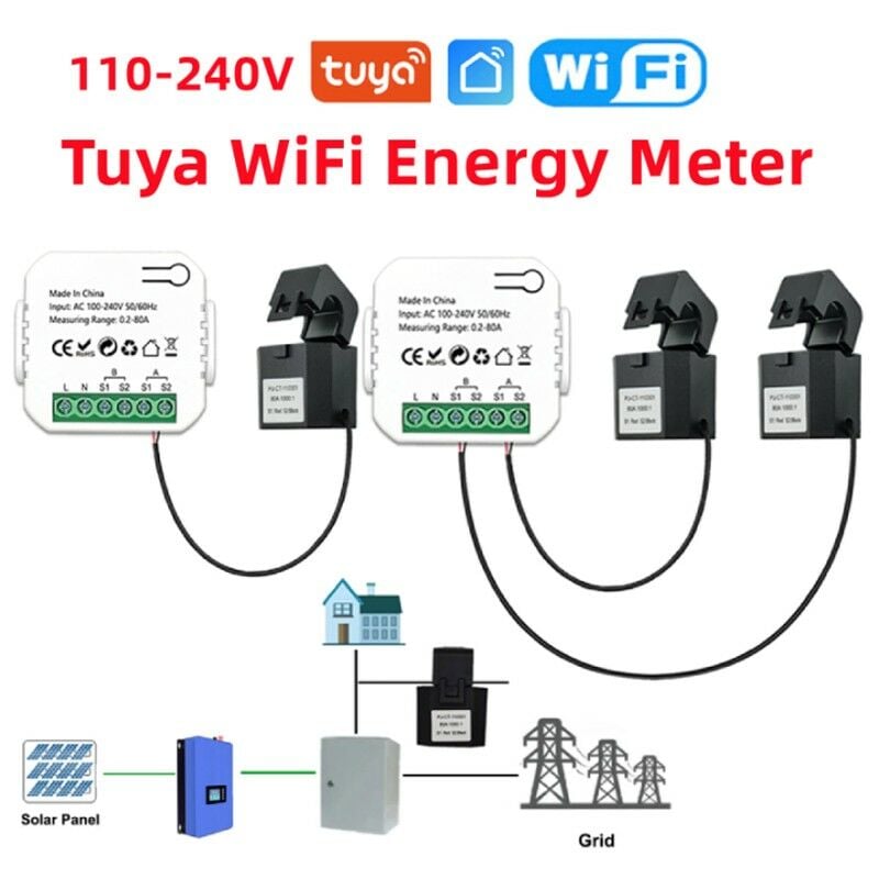 foto del prodotto tuya misuratore di energia bidirezionale smart wifi con pinza tuya switch 2 pinze 80a