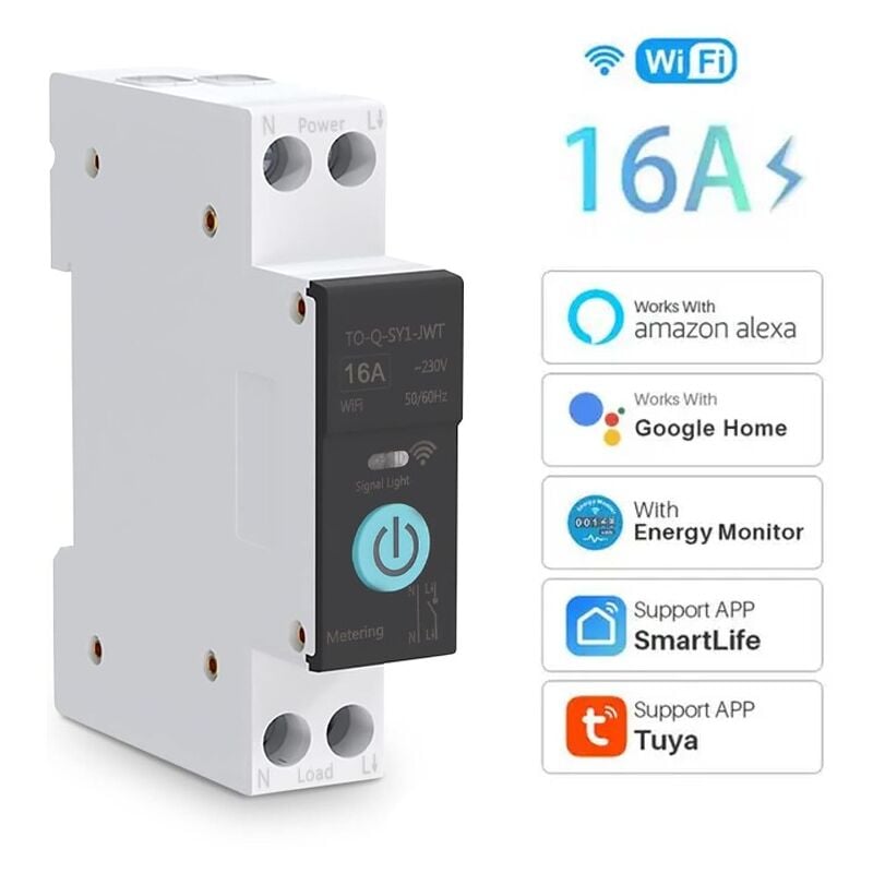 foto del prodotto tuya smart switch wifi su guida din con contatore di energia 16a