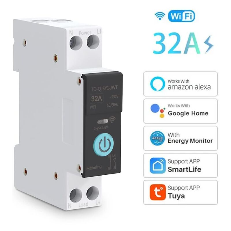 foto del prodotto tuya smart switch wifi su guida din con contatore di energia 32a