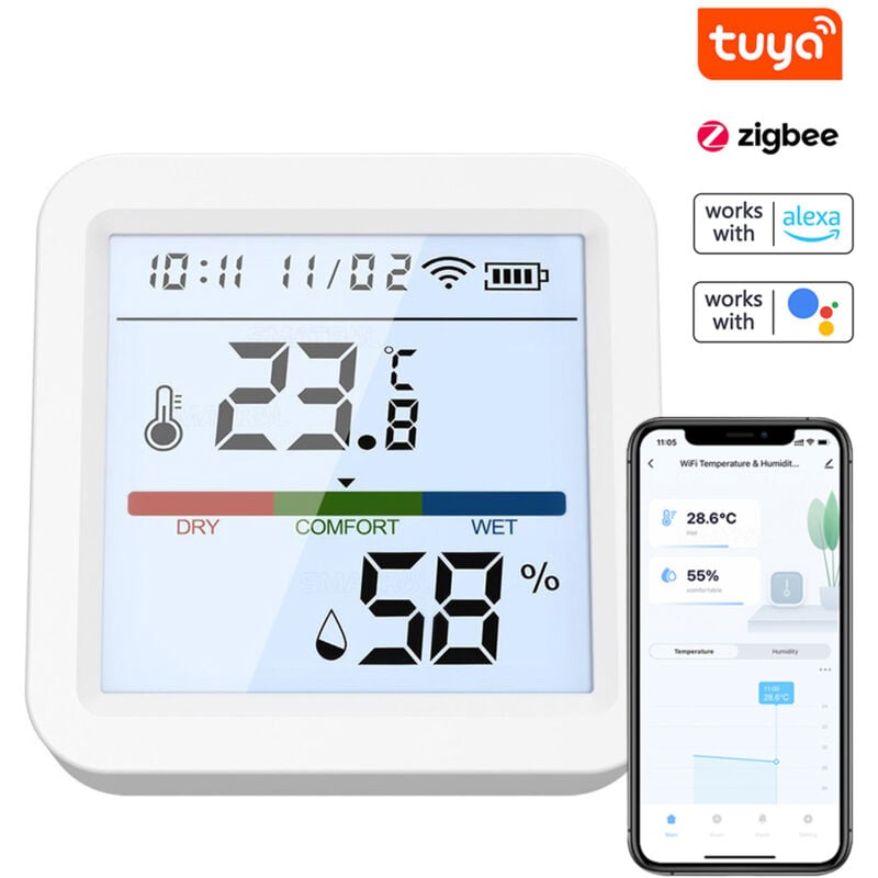 foto del prodotto tuya zigbee tester di temperatura e umidit schermo lcd retroilluminato app per cellulare controllo remoto collegamento intelligente compatibile con