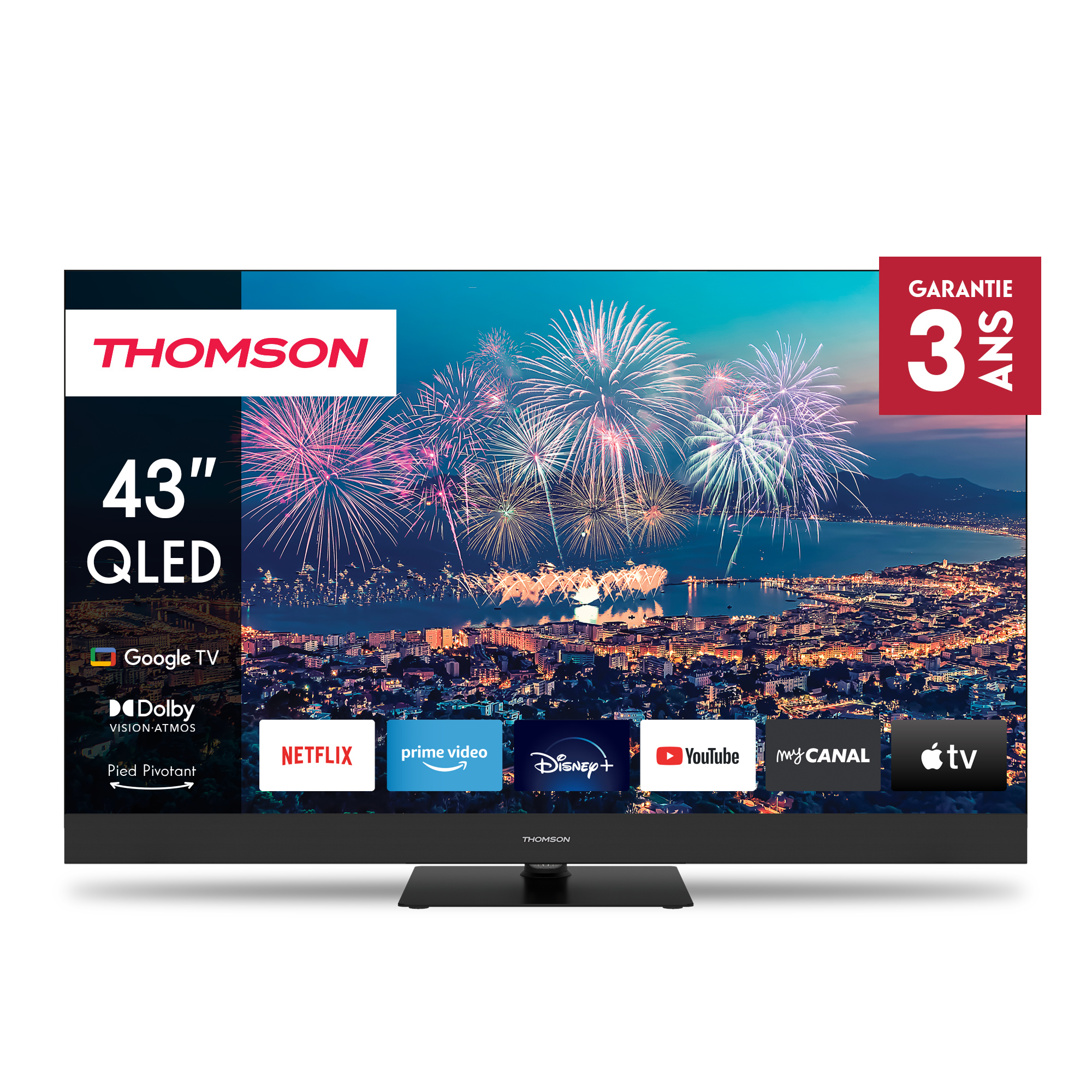 foto del prodotto tv 43thomson uhd smart 4k qled t2 c2s2 google tv front speak piede