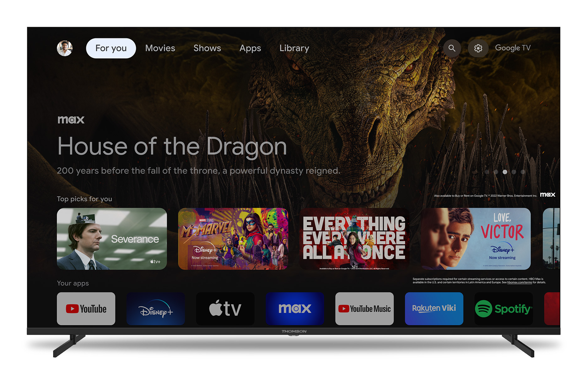 foto del prodotto tv thomson led 65 65ug4s14 smart google tv dvb t2 s2 qled ci 3xhdmi 2xusb central stand telecomando retro illuminato vesa