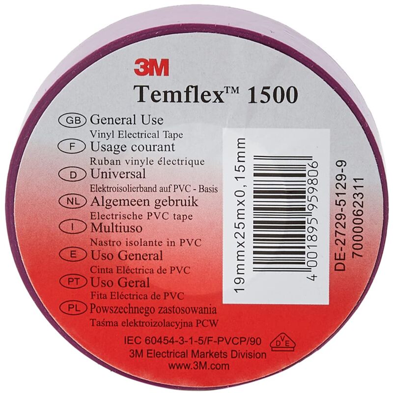 foto del prodotto tvio1925 temflex 1500 nastro isolante elettrico in vinile, 19 mm x 25 m, 0,15 mm, viola 3m
