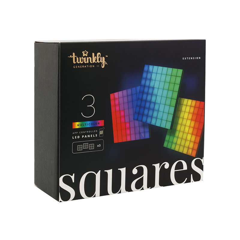 foto del prodotto twinkly estensioni squares pannelli led controllati dall applicazione con 64 pixel rgb neri. 3 piastrelle di estensione