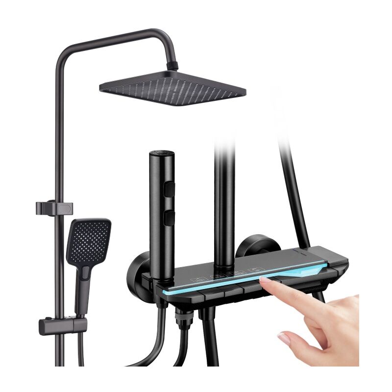 foto del prodotto ubeegol colonna doccia sistema doccia display digitale led set doccia con mensola termostatica da 25 cm corpo in rame raffinato grigio scuro