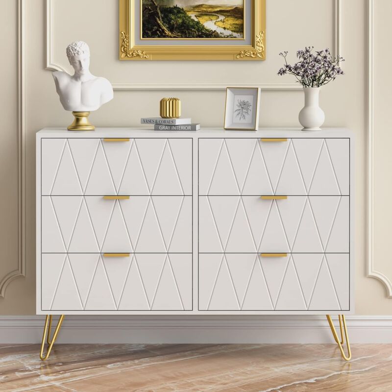 foto del prodotto uev cassettiera bianca 6 cassetti, com in legno, mobile cassettiera salvaspazio per camera da letto, soggiorno, 100 x 34 x 73cm, bianco
