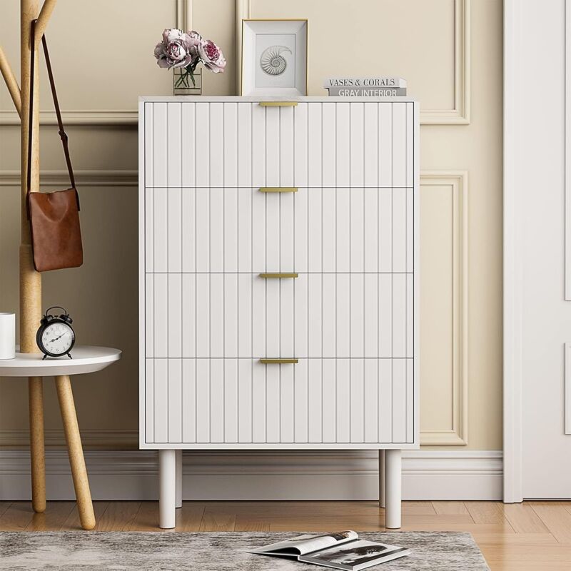 foto del prodotto uev cassettiera bianca camera da letto, com 4 cassetti con motivi a marmo, mobile in legno, credenza per soggiorno, corridoio, scandinavia, 34p x