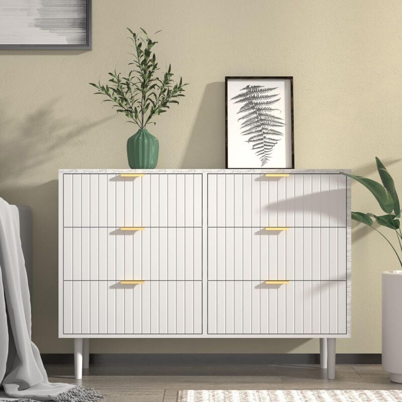 foto del prodotto uev cassettiera bianca camera da letto, com 6 cassetti con motivi a marmo, mobile in legno, credenza per soggiorno, corridoio, scandinavia, 34p x