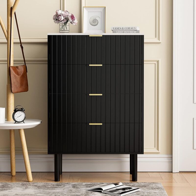 foto del prodotto uev cassettiera camera da letto, com 4 cassetti con motivi a marmo, mobile in legno, credenza per soggiorno, corridoio, scandinavia, 34p x 60l x 94h