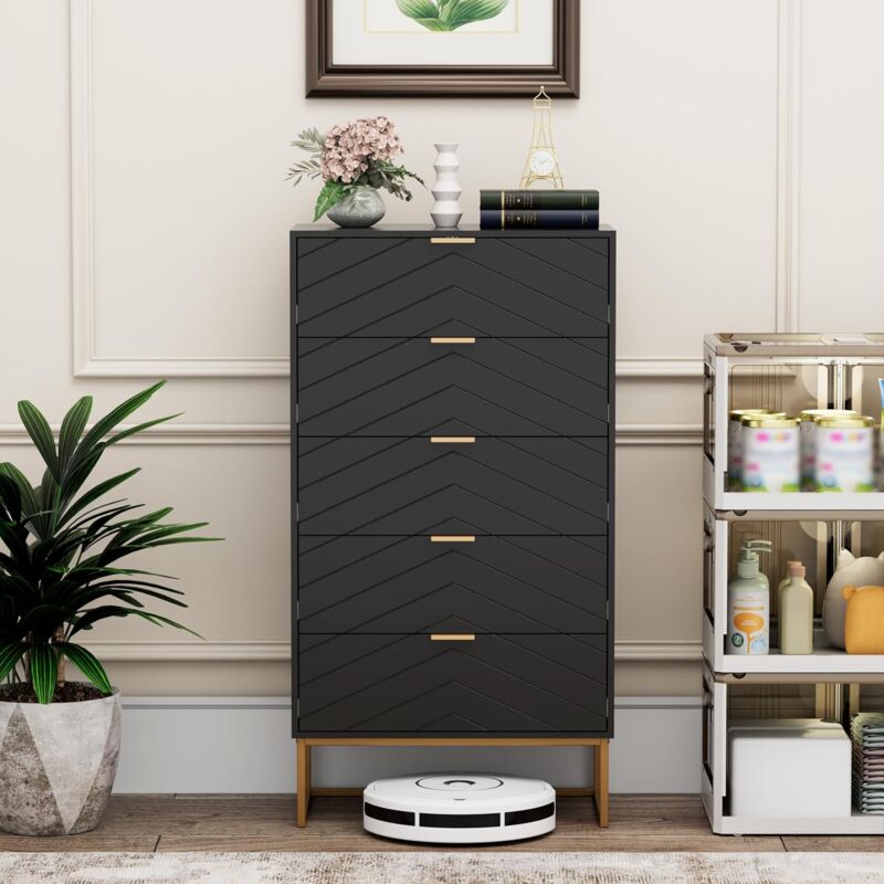 foto del prodotto uev cassettiera camera da letto, settimino con 5 cassetti e motivo di linea, mobiletto moderno e pratico, sicuro design antiribaltamento,