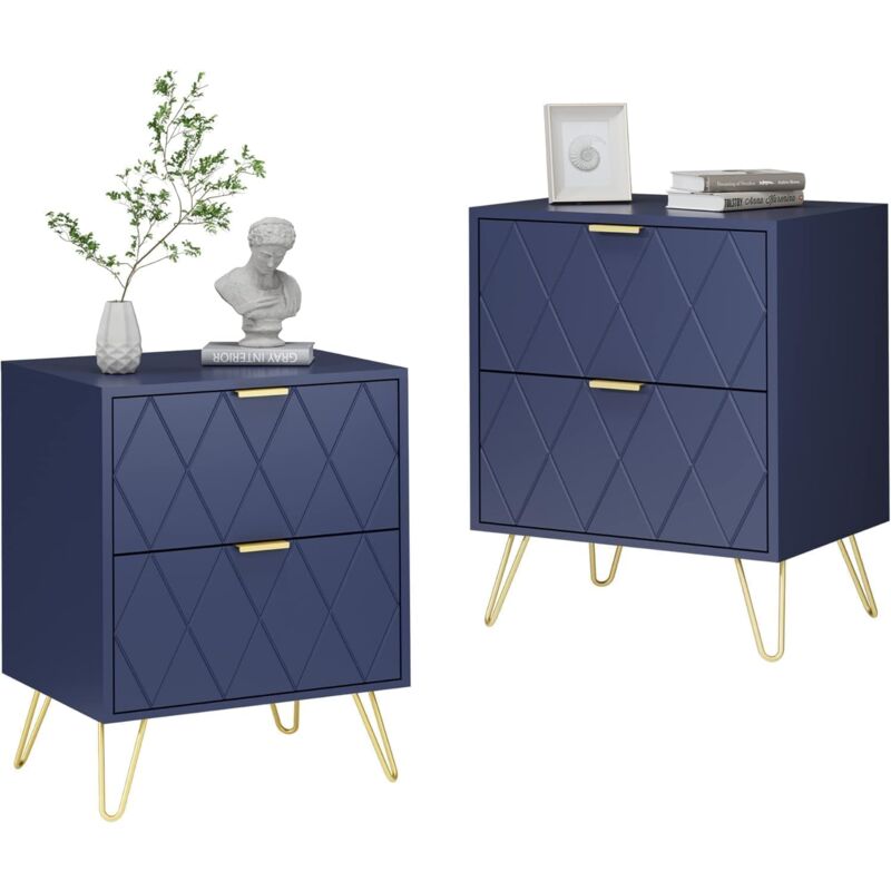 foto del prodotto uev comodino bianco set di 2, tavolino con 2 cassetti in legno, comodino piccolo moderno, maniglie e gambe in oro cromato, per camera da letto,