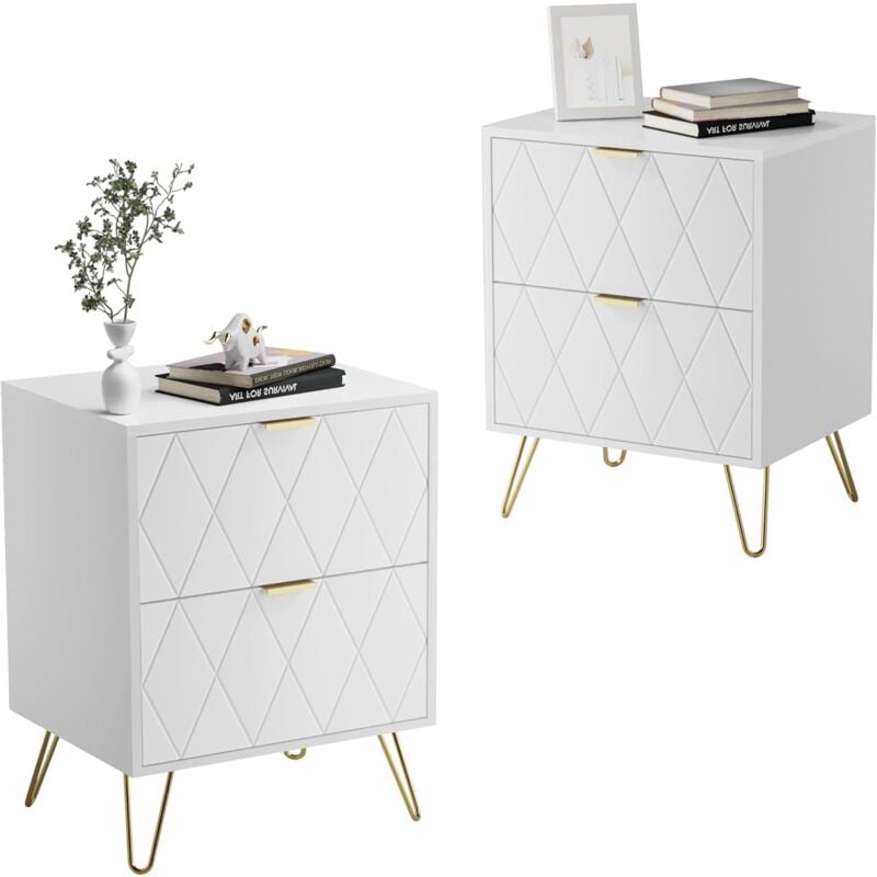 foto del prodotto uev comodino bianco set di 2, tavolino con 2 cassetti in legno, comodino piccolo moderno, maniglie e gambe in oro cromato, per camera da letto,
