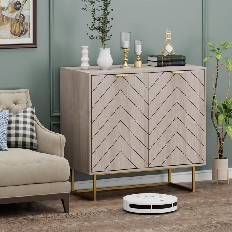foto del prodotto uev credenza bassa a 2 ante, mobiletto portaoggetti, con maniglia e piedini in metallo color oro, ripiano regolabile in 3 posizioni, 80 x 40 x 77,5