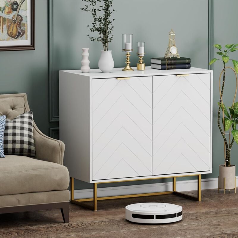 foto del prodotto uev credenza bianca con 2 ante, mobile cucina moderna in legno, ripiani regolabile, madia buffet per camera da letto, soggiorno, sala da pranzo,