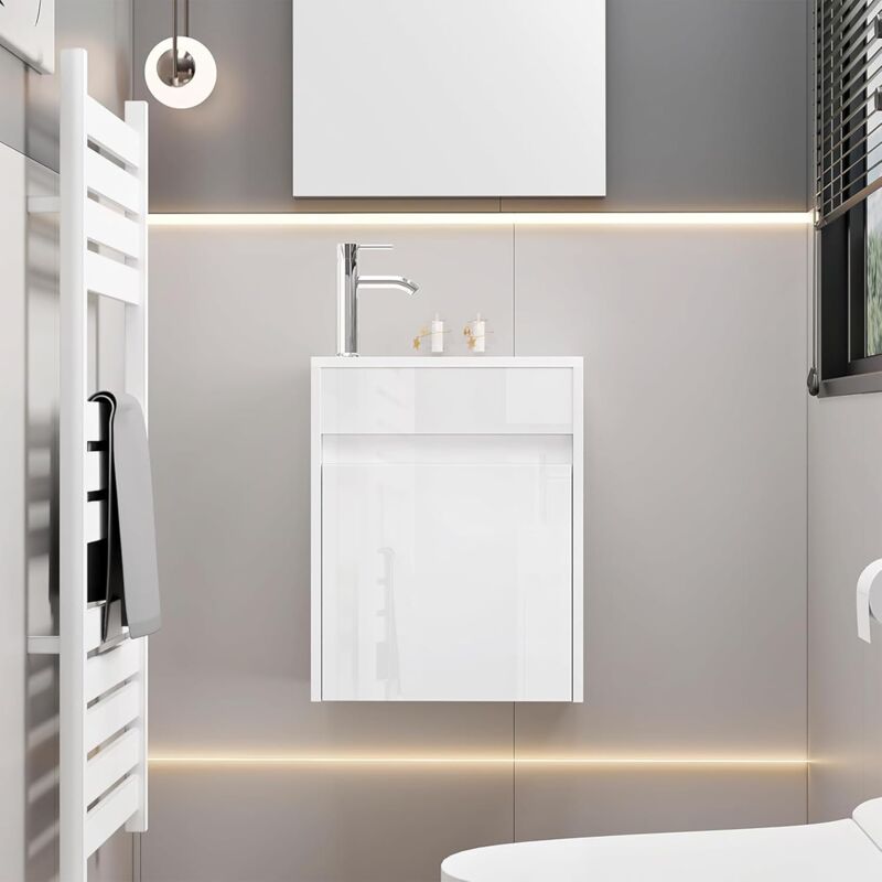 foto del prodotto uev mobile bagno con lavabo in resina, 41cm mobili bagno salvaspazio sospeso, rubinetto cromato a risparmio idrico e scarico pop up, piccolo, bianca