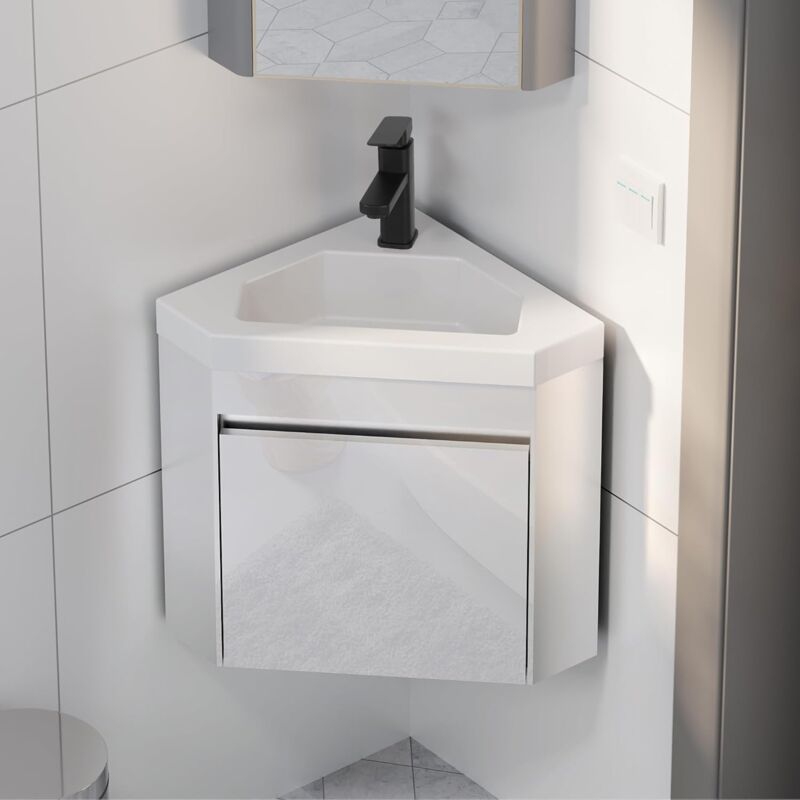 foto del prodotto uev mobile bagno con lavabo in resina, mobili bagno sospeso ad angolo, 40cm mobile ad angolo con rubinetto nero opaco, per bagno, piccolo spazio,