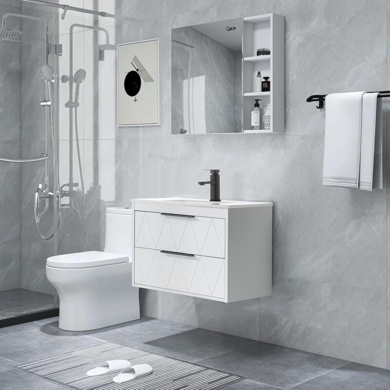 foto del prodotto uev mobile bagno sospeso con lavabo in ceramica, 60cm lavandino bagno con 2 cassetti, lavandino bagno con mobiletto moderno, soft close, bianco