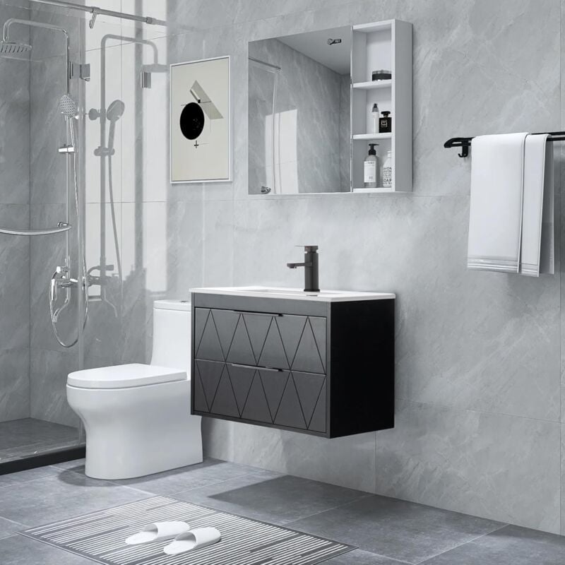 foto del prodotto uev mobile bagno sospeso con lavabo in ceramica, 60cm lavandino bagno con 2 cassetti, lavandino bagno con mobiletto moderno, soft close, nero