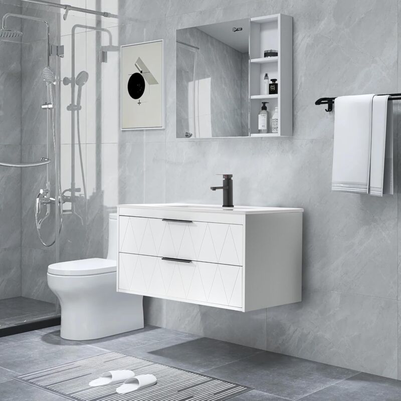 foto del prodotto uev mobile bagno sospeso con lavabo in ceramica, 90cm lavandino bagno con 2 cassetti, lavandino bagno con mobiletto moderno, soft close, bianco