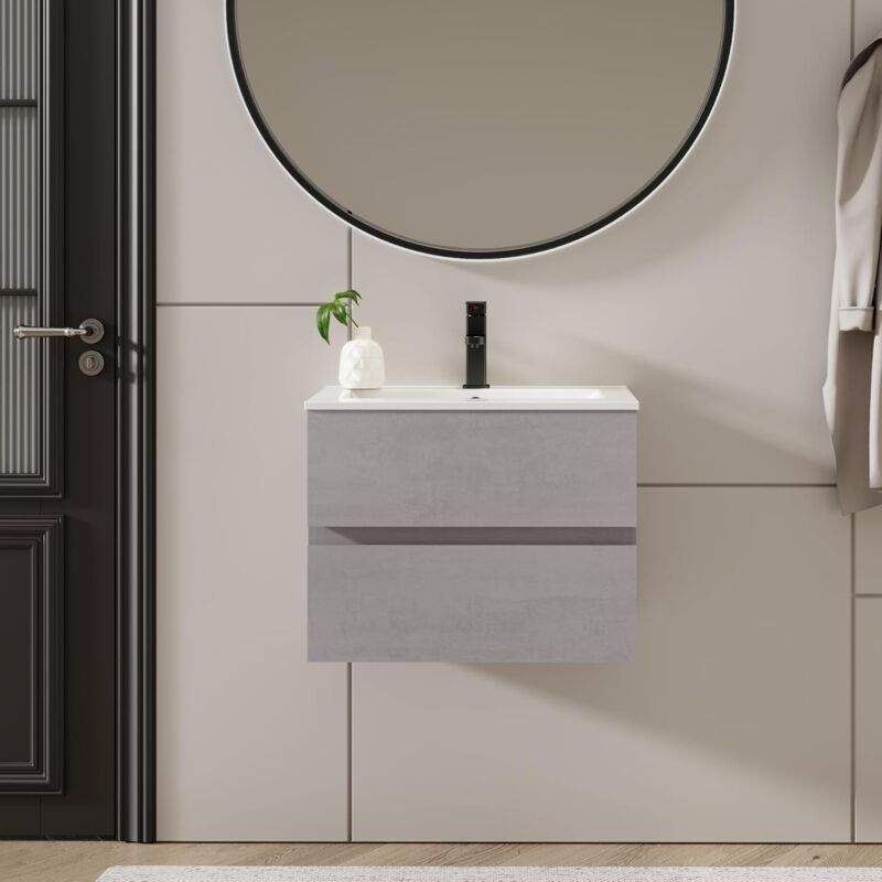 foto del prodotto uev mobile da bagno con due cassetti, unit a parete da 60 cm, con lavello in ceramica, cassetti con ampio spazio di archiviazione, maniglia
