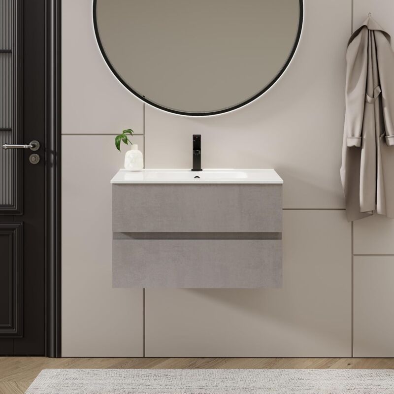 foto del prodotto uev mobile da bagno con due cassetti, unit a parete da 75 cm, con lavello in ceramica, cassetti con ampio spazio di archiviazione, maniglia