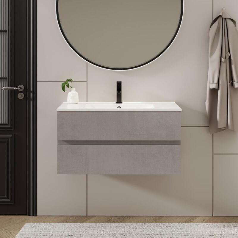 foto del prodotto uev mobile da bagno con due cassetti, unit a parete da 90 cm, con lavello in ceramica, cassetti con ampio spazio di archiviazione, maniglia