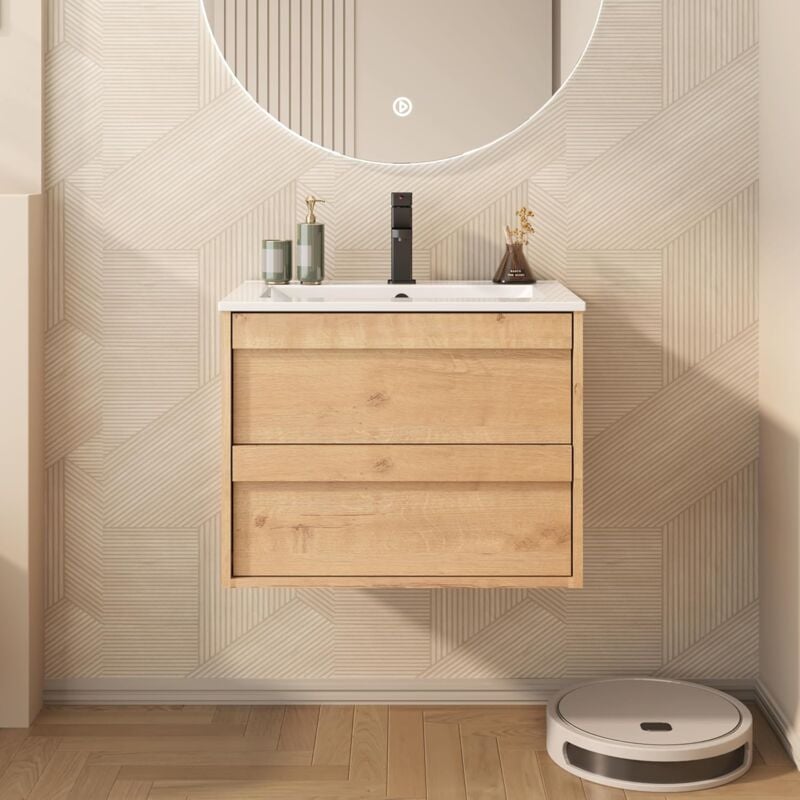 foto del prodotto uev mobile lavabo sospeso da 60 cm, mobile da bagno con lavabo in ceramica, due cassetti con ampio spazio per riporre oggetti, cassetti con sistema