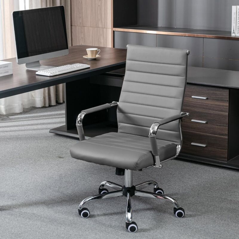 foto del prodotto uev sedia da ufficio moderna ergonomica con rotelle, sedia da ufficio in pelle pu con braccioli, altezza regolabile, portata fino a 150 kg, grigio