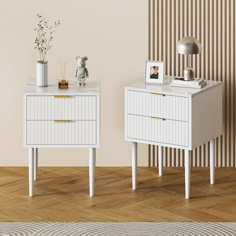 foto del prodotto uev set 2 comodini con motivi a marmo, tavolino 2 cassetti in legno, comodino piccolo moderno per camera da letto, soggiorno, 42 x 40 x 70 cm,
