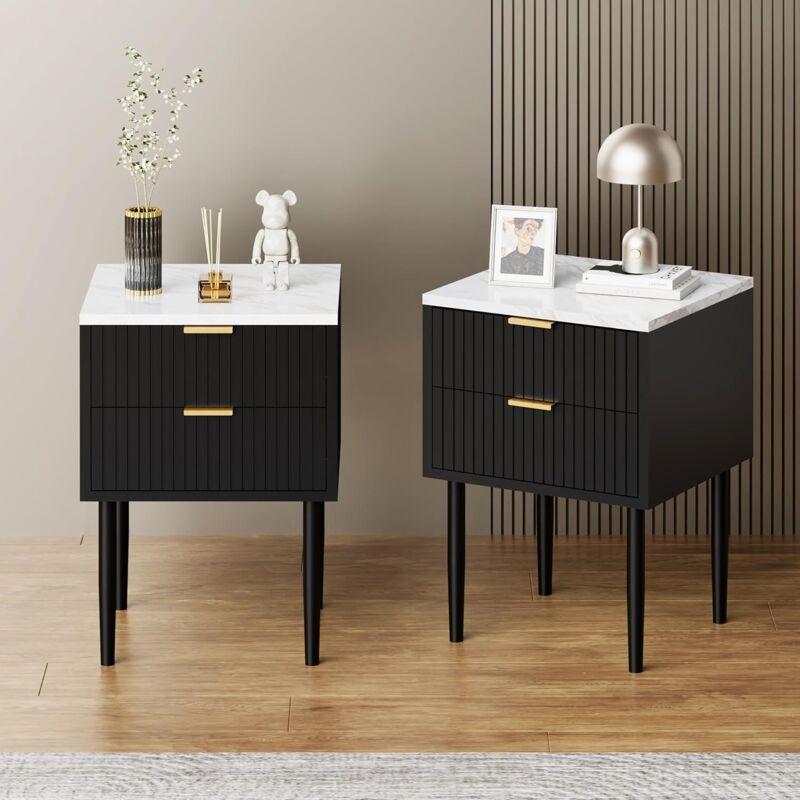 foto del prodotto uev set 2 comodini con motivi a marmo, tavolino 2 cassetti in legno, comodino piccolo moderno per camera da letto, soggiorno, 42 x 40 x 70 cm, nero