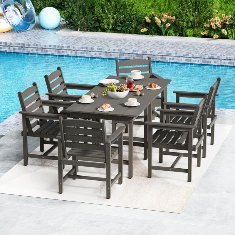 foto del prodotto uev set da giardino 8 pezzi, 6 sedie e 2 tavoli, set da esterno in hdpe, tavolo da giardino con 6 sedie, set relax da terrazzo, grigio
