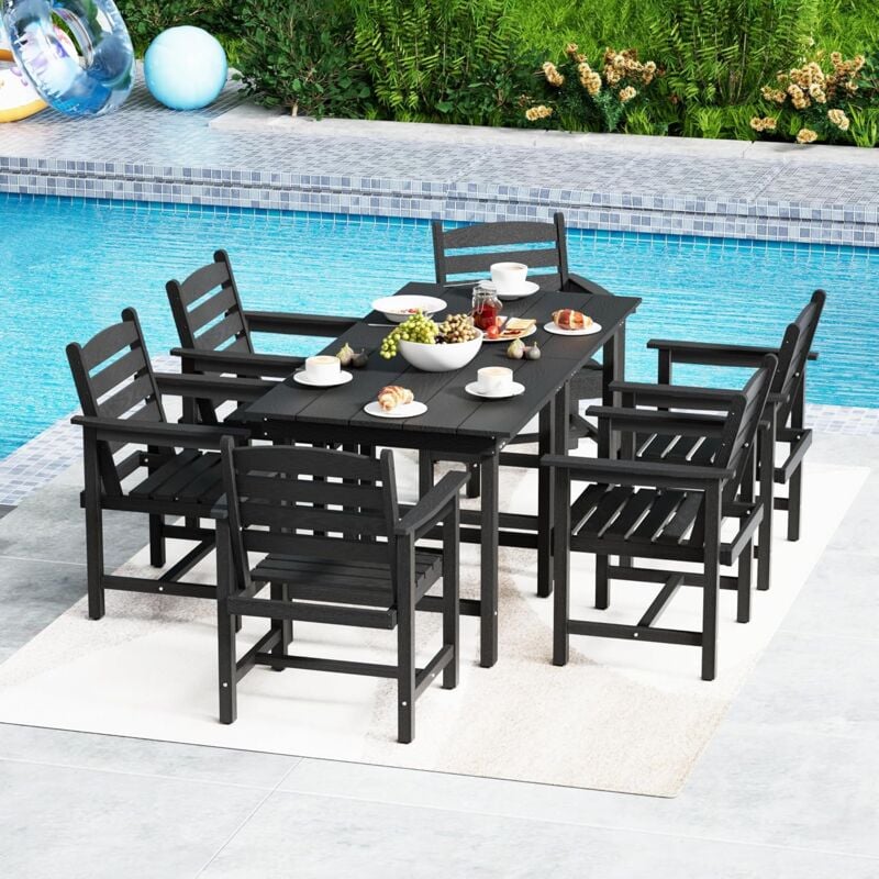 foto del prodotto uev set da giardino 8 pezzi, 6 sedie e 2 tavoli, set da esterno in hdpe, tavolo da giardino con 6 sedie, set relax da terrazzo, nero