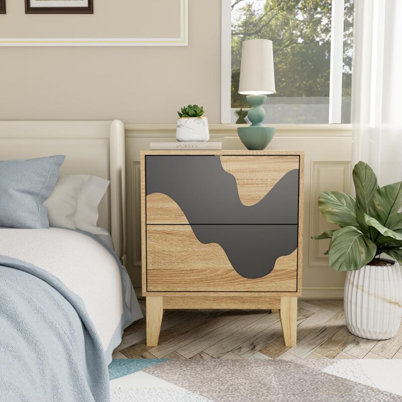 foto del prodotto uev set di 2 comodini con motivo ondulato, com moderno con 2 cassetti portaoggetti, tavolini laterali per camera da letto, soggiorno, 45 x 35 x