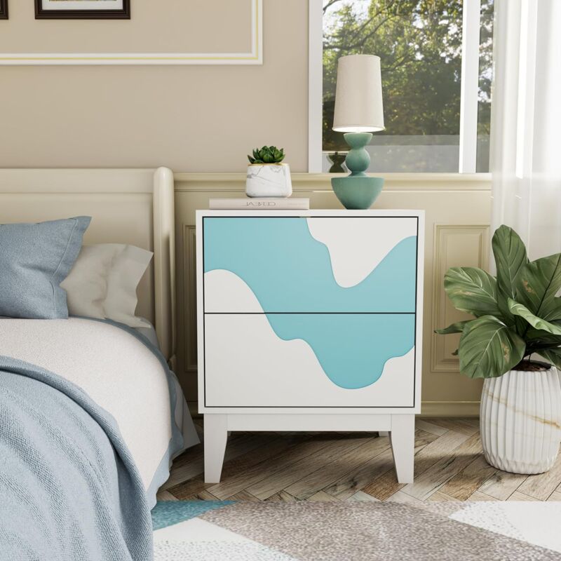 foto del prodotto uev set di 2 comodini con motivo ondulato, com moderno con 2 cassetti portaoggetti, tavolino laterale per camera da letto, soggiorno, 45 x 35 x