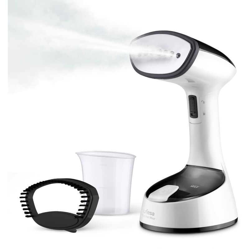 foto del prodotto ufesa black mist ferro da stiro a vapore verticale pieghevole, ferro da viaggio, compatto, 1470 w, serbatoio 150 ml, elimina pieghe, odori e