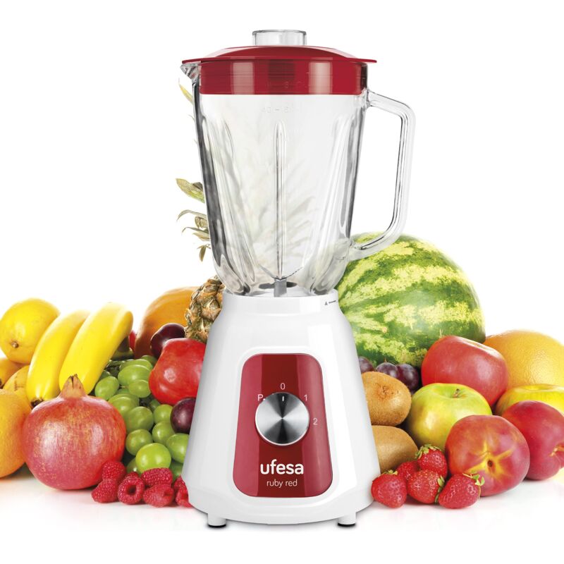 foto del prodotto ufesa bs4717 ruby red frullatore da tavolo, 500 w di potenza, caraffa in vetro da 1,5 l, coperchio con chiusura ermetica, 2 velocit pulse, 4