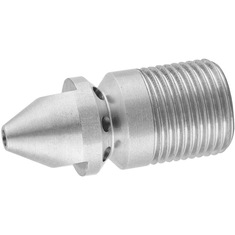 foto del prodotto ugello per scarico fognario in acciaio inossidabile ss304 con 8 fori posteriori per idropulitrice, filettatura maschio bsp