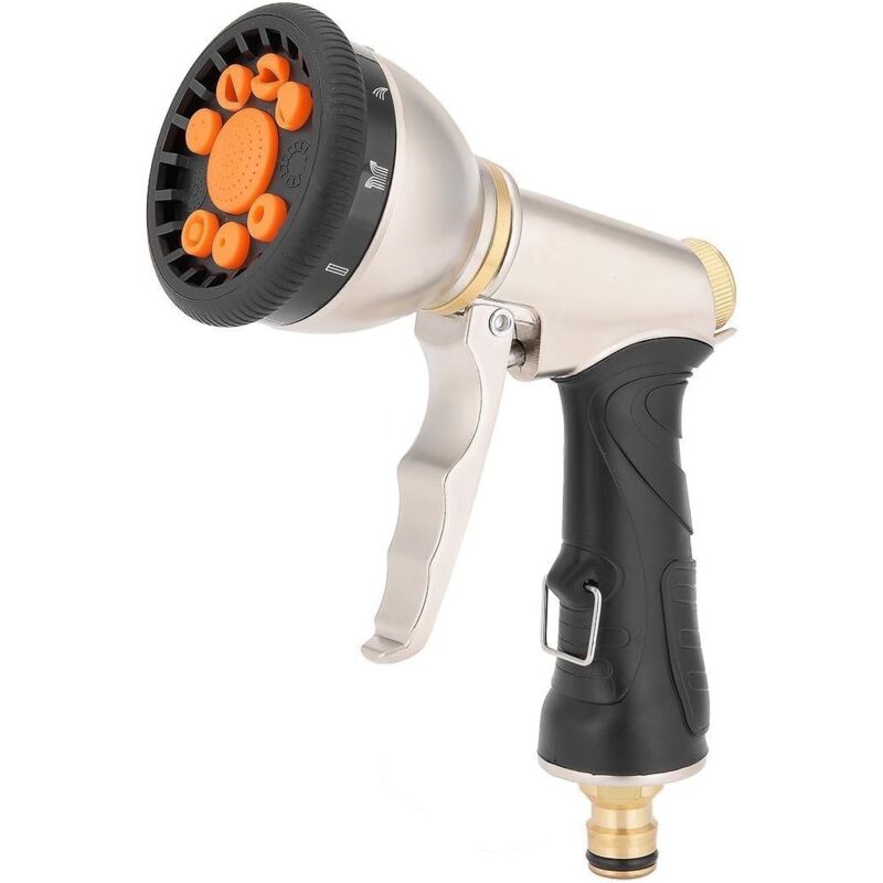 foto del prodotto ugello per tubo flessibile per irrigazione a spruzzo in metallo a 9 forme, perfetto per giardino, irrigazione del prato, lavaggio auto, pulizia,